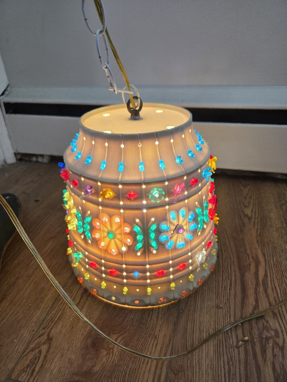 Vintage 1970s Lawnware Hanging Swag Lamp Large 11.5" Plastic Beaded Birds Flower